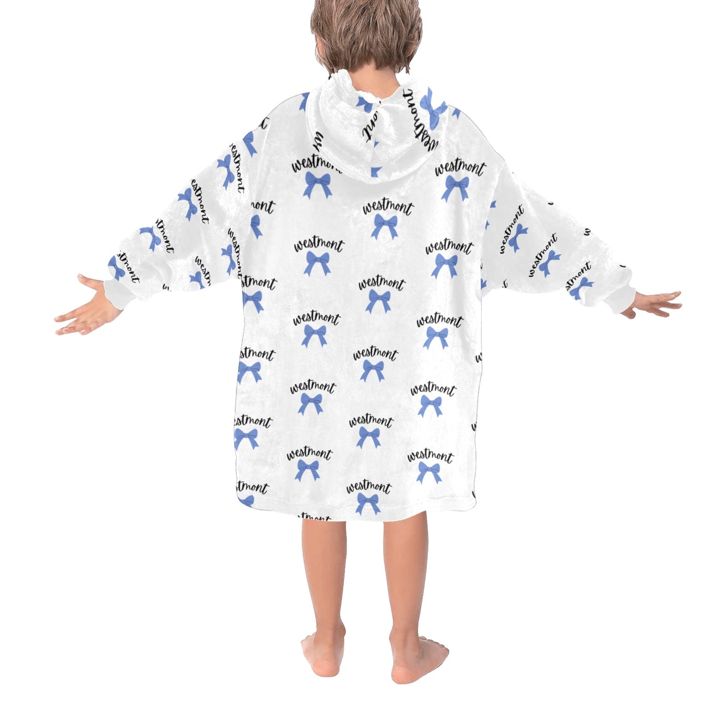 Personalized Kids Wearable Blanket Hoodie - Blue Bow Print -Custom Name Cozy Blanket Sweatshirt – Camp, School or Team