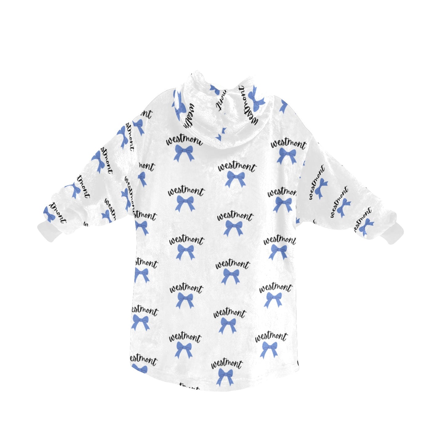 Personalized Kids Wearable Blanket Hoodie - Blue Bow Print -Custom Name Cozy Blanket Sweatshirt – Camp, School or Team