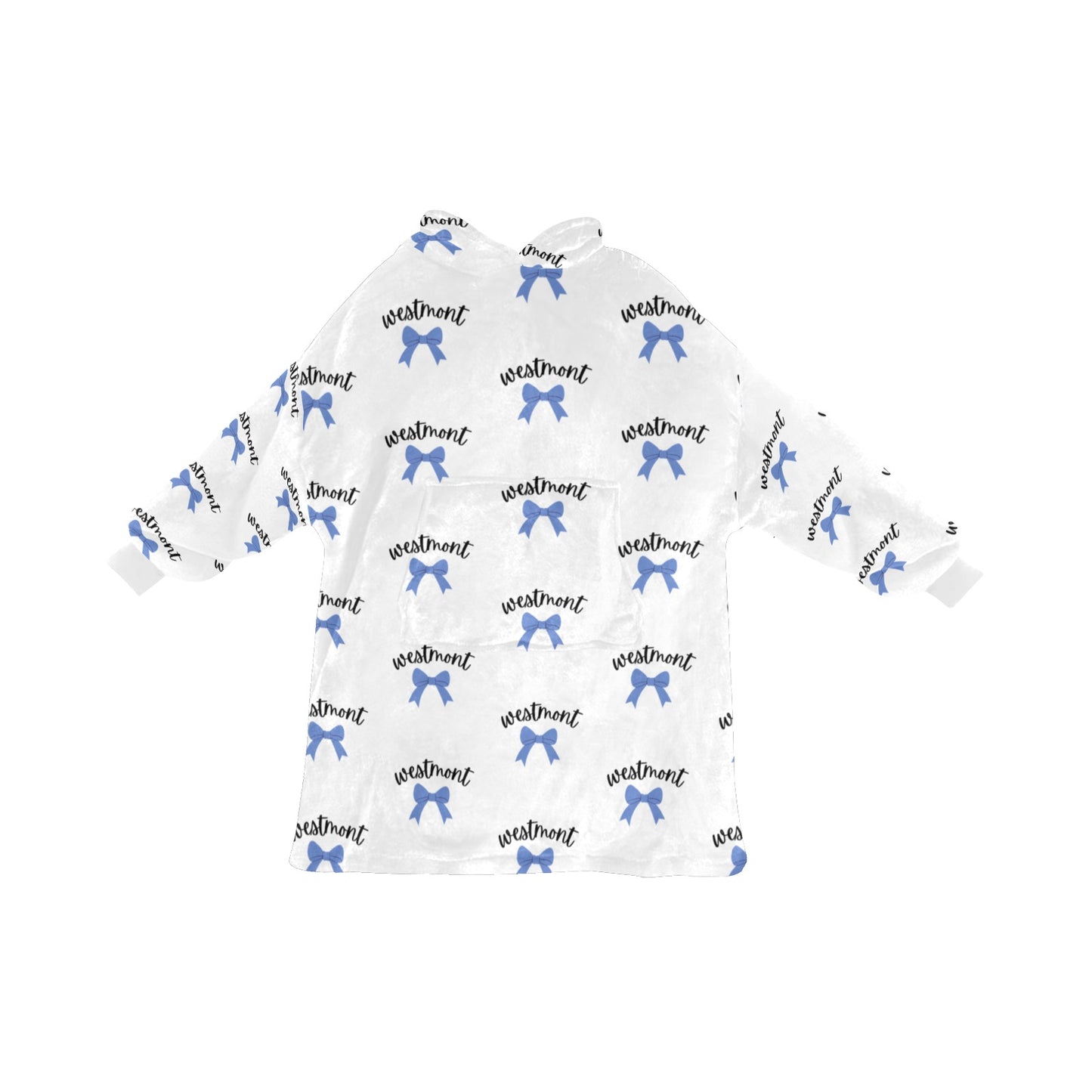 Personalized Kids Wearable Blanket Hoodie - Blue Bow Print -Custom Name Cozy Blanket Sweatshirt – Camp, School or Team
