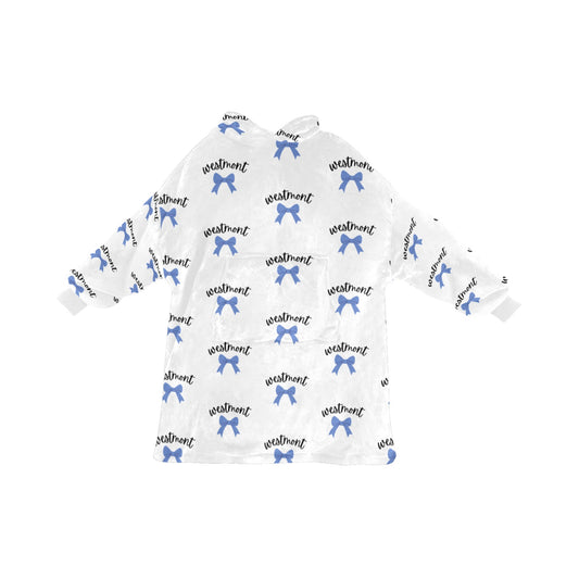 Personalized Kids Wearable Blanket Hoodie - Blue Bow Print -Custom Name Cozy Blanket Sweatshirt – Camp, School or Team