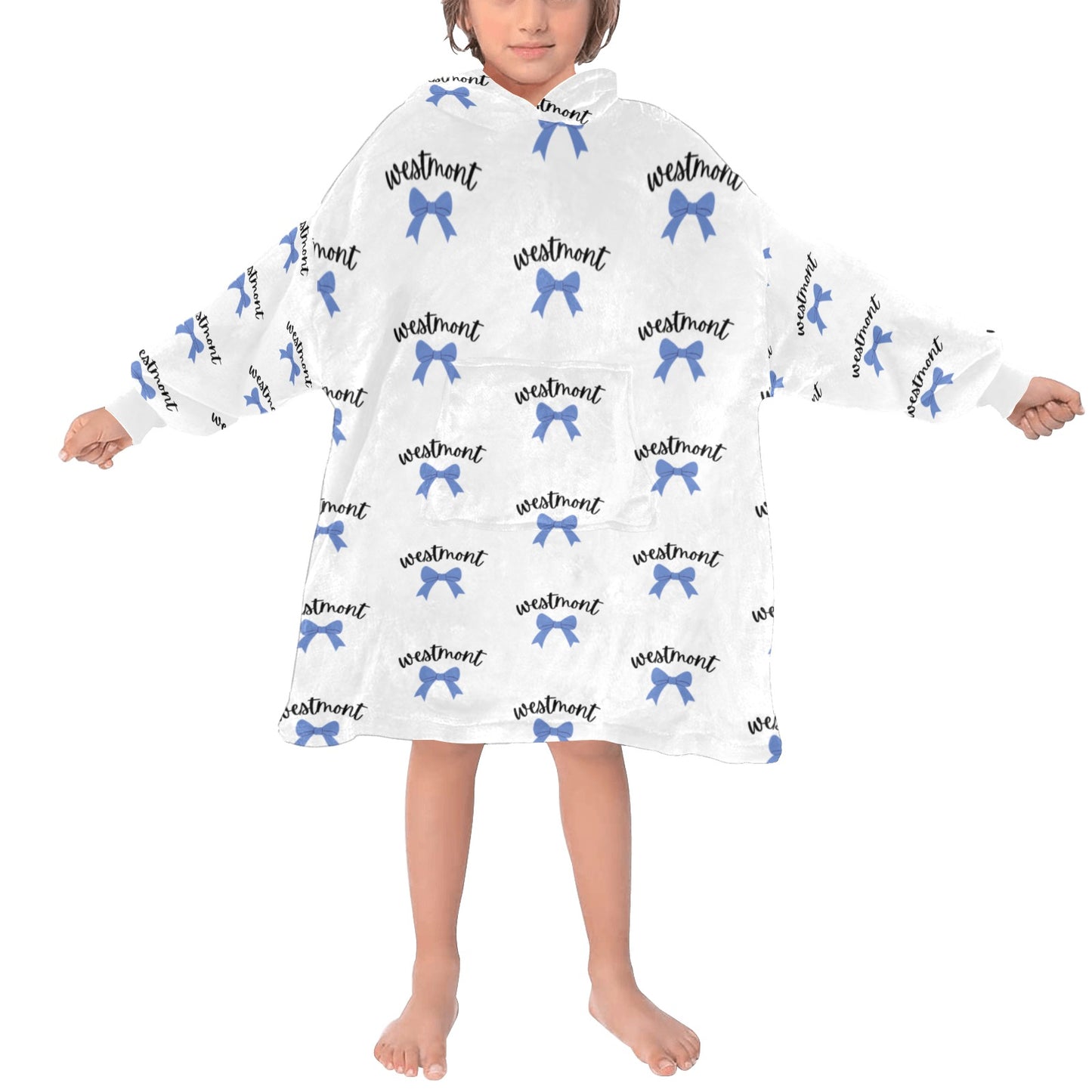 Personalized Kids Wearable Blanket Hoodie - Blue Bow Print -Custom Name Cozy Blanket Sweatshirt – Camp, School or Team